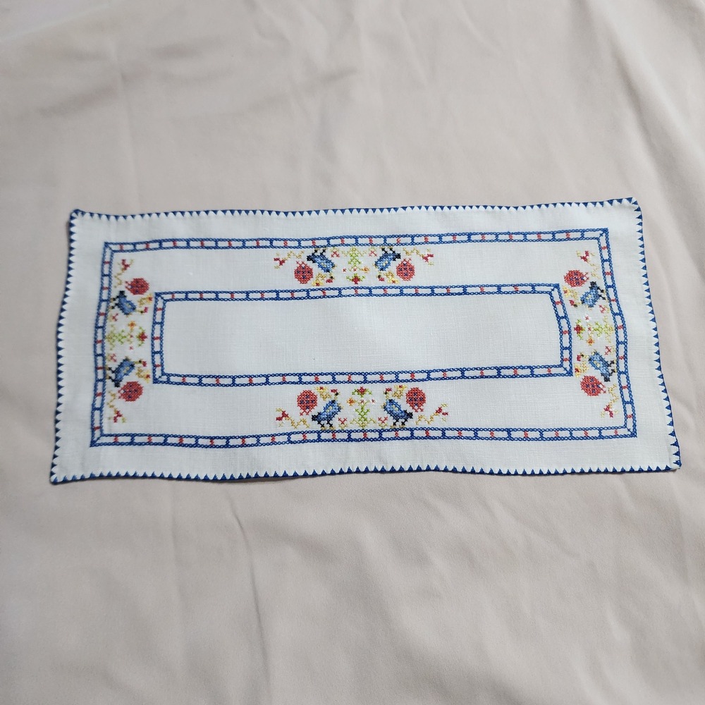 Vintage Handmade Cross Stitch Linen Table Runner Blue Bird Floral 10.5x5 Inch